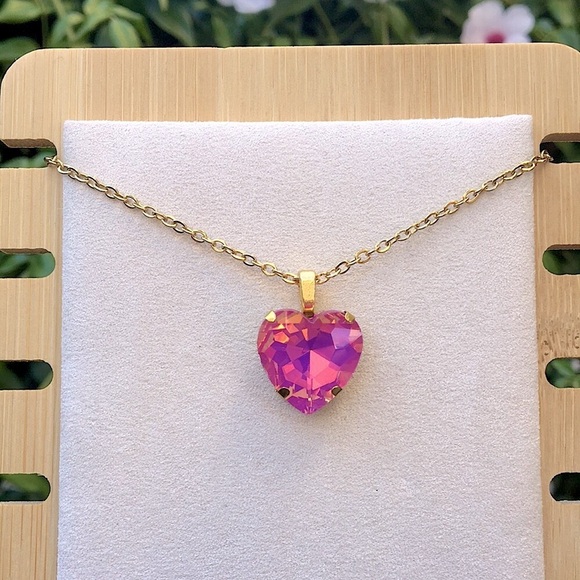Jewelry - Fuchsia Opal Aurora Borealis + Gold Crystal Heart Drop Pendant Necklace